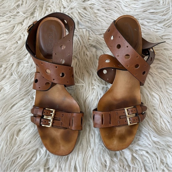 Tod’s Brown Sasha Gomma Sandalo Forature Perforated Platform Ankle Strap Sandals - Picture 3 of 10